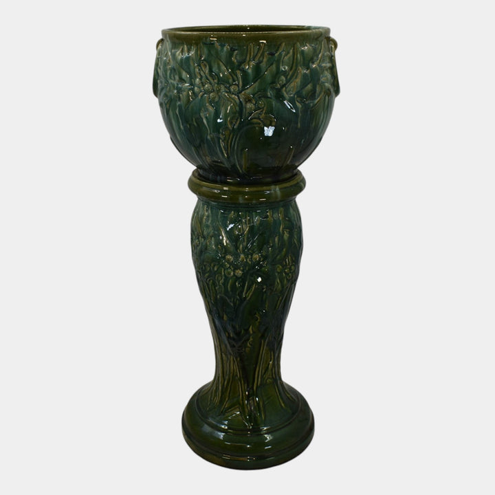 McCoy 1930s Art Pottery Blended Green Holly Berry Jardiniere And Pedestal