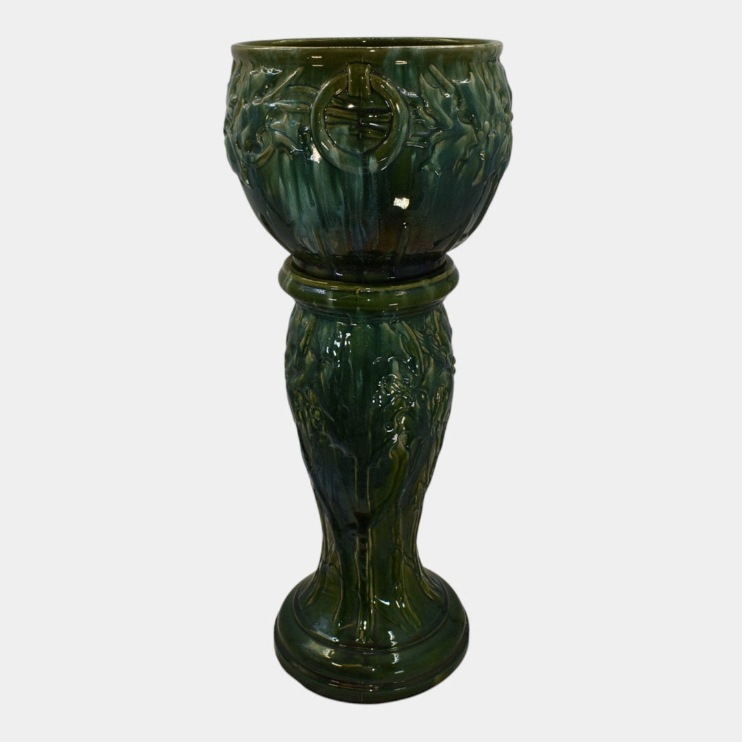 McCoy 1930s Art Pottery Blended Green Holly Berry Jardiniere And Pedestal