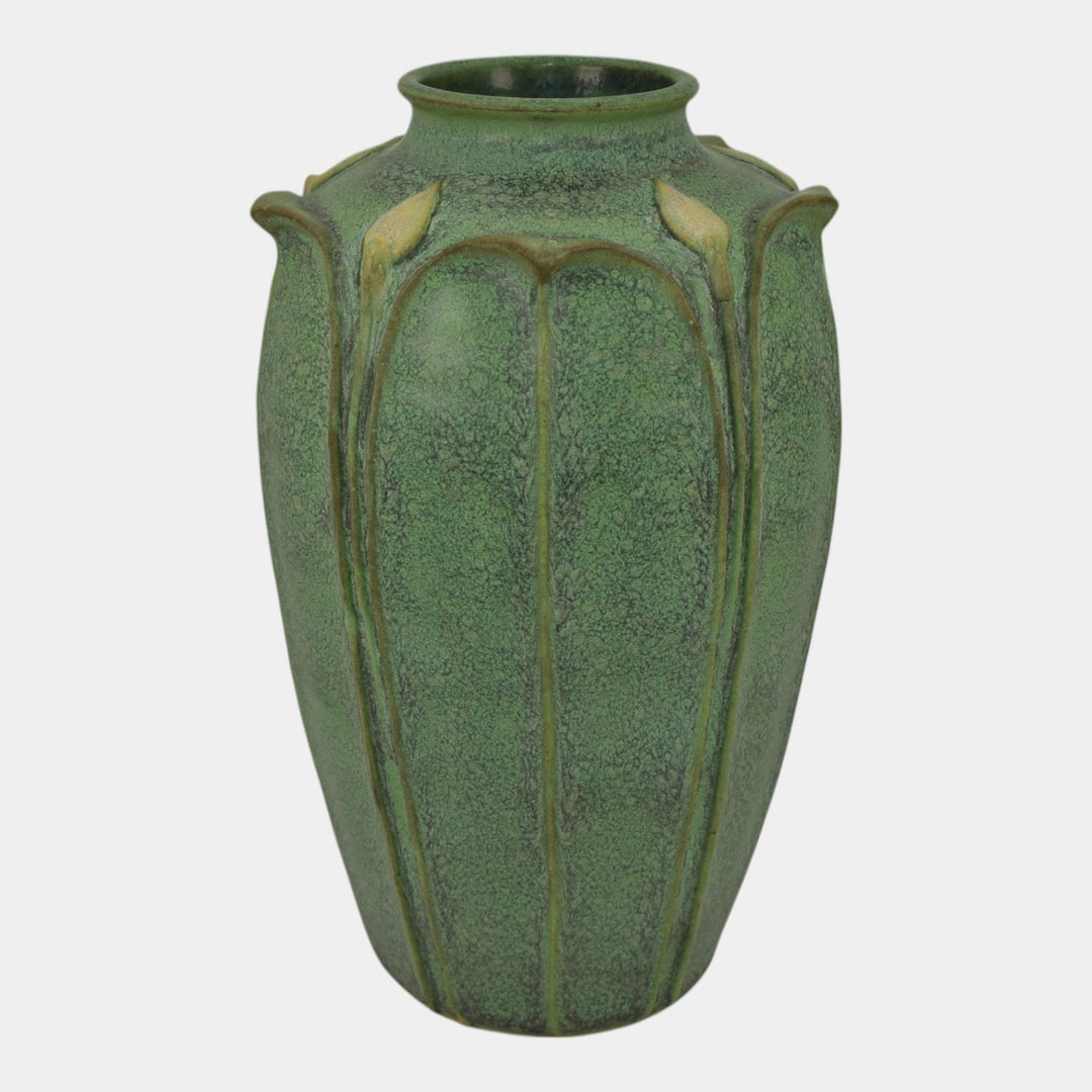 Jemerick Studio Pottery Arts And Crafts Matte Green Folded Leaf Yellow Bud Vase