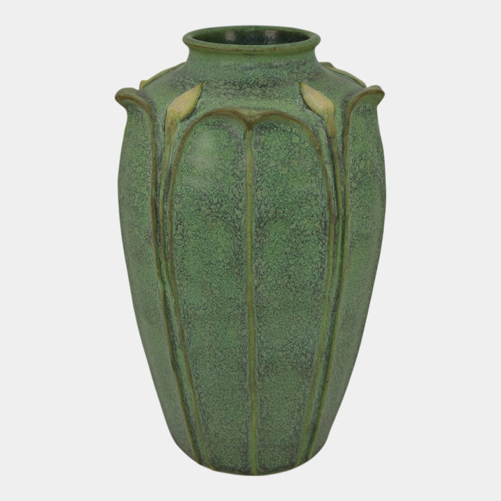 Jemerick Studio Pottery Arts And Crafts Matte Green Folded Leaf Yellow Bud Vase