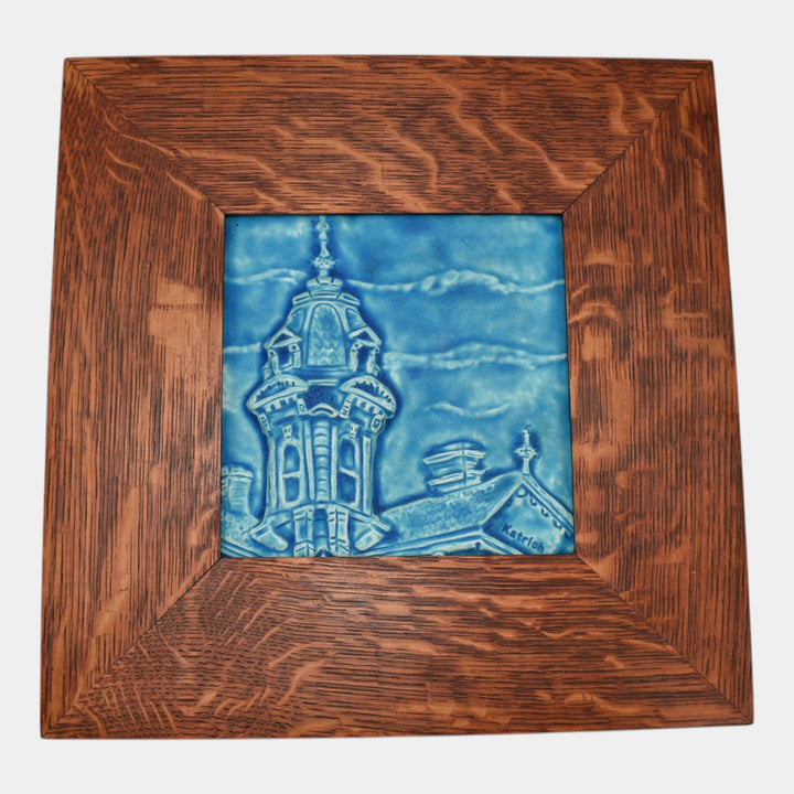 Paul Katrich Studio Art Pottery Blue Framed Hand Made Architectural Scenic Tile - Just Art Pottery