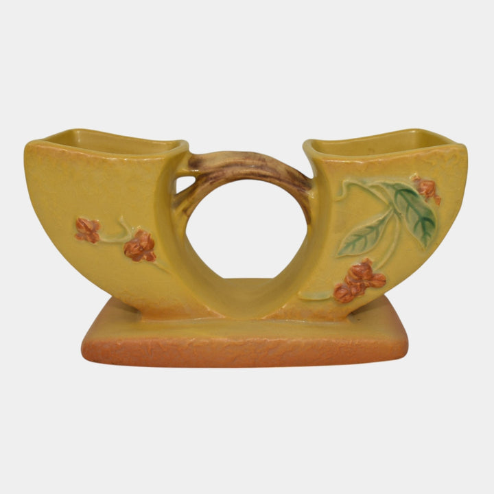 Roseville Bittersweet Yellow 1951 Art Pottery Double Cornucopia Planter Vase 858 - Just Art Pottery