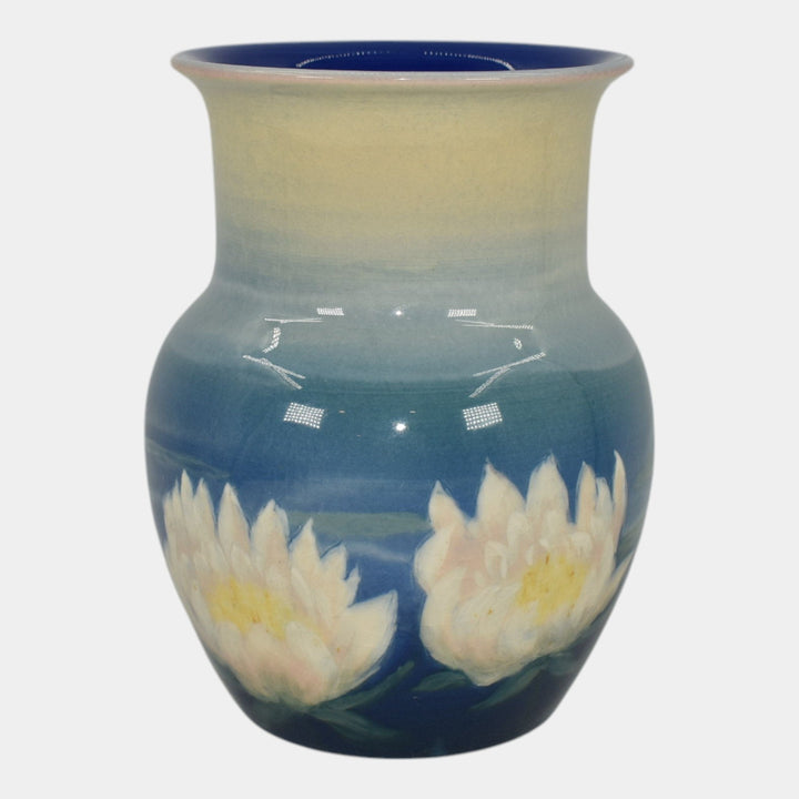 Rookwood 1944 Vintage Art Pottery Blue Vase with White Water Lilies 6315 Hurley