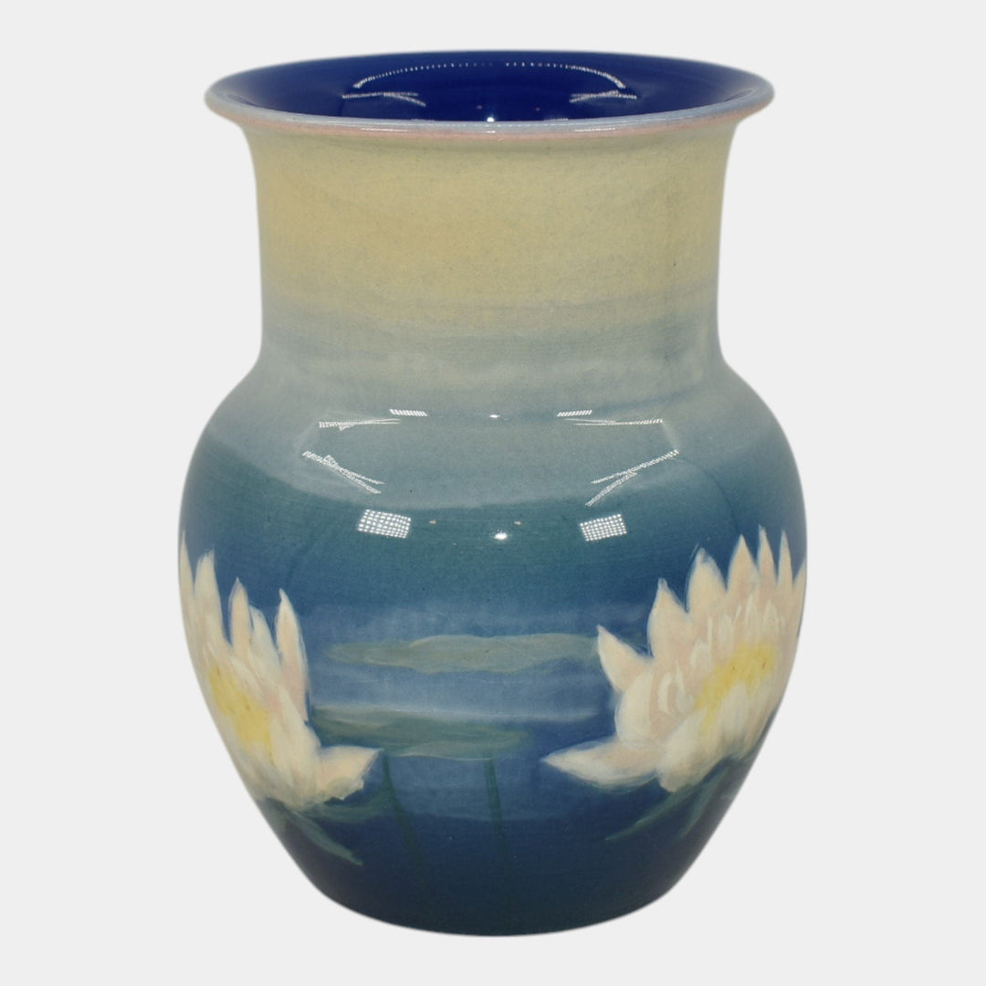 Rookwood 1944 Vintage Art Pottery Blue Vase with White Water Lilies 6315 Hurley