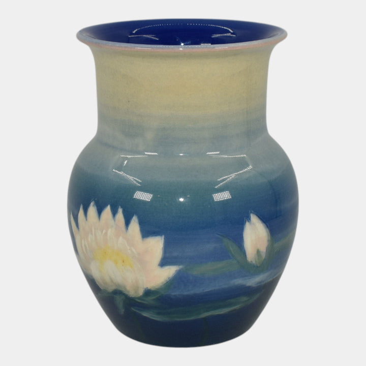 Rookwood 1944 Vintage Art Pottery Blue Vase with White Water Lilies 6315 Hurley