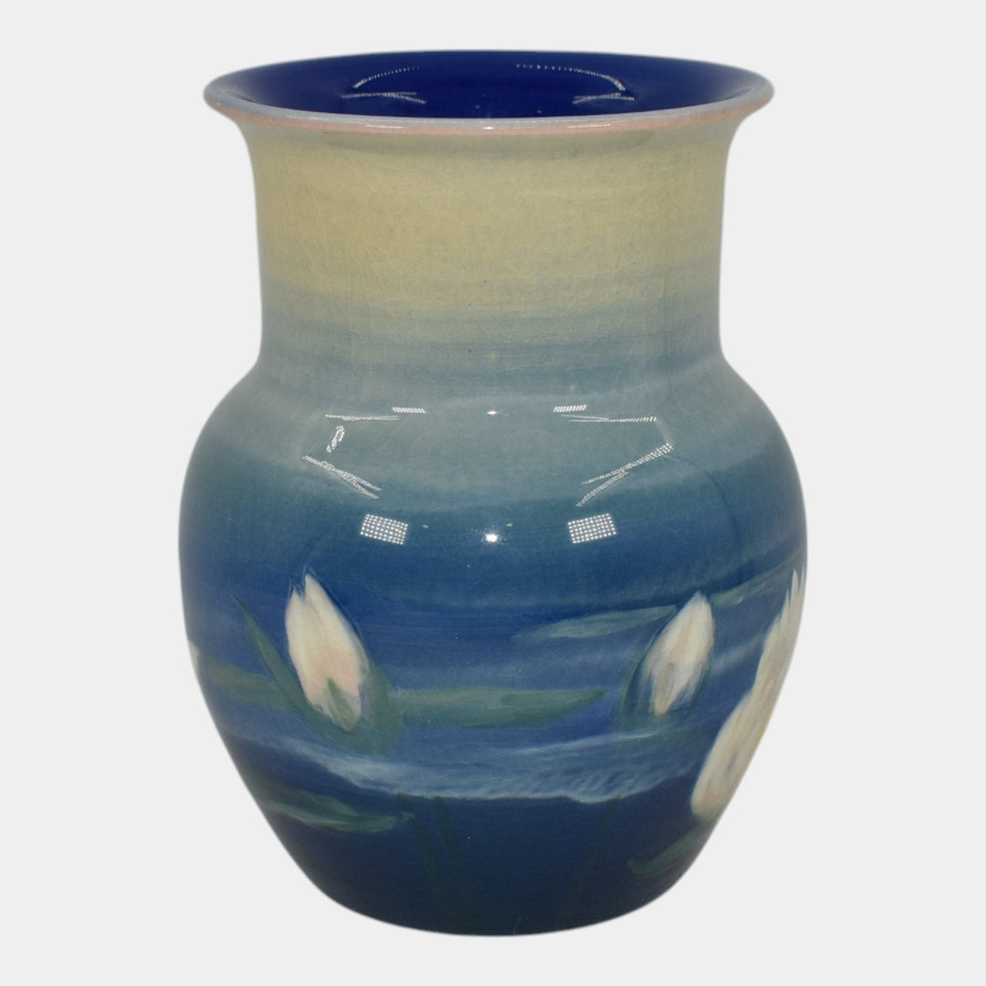 Rookwood 1944 Vintage Art Pottery Blue Vase with White Water Lilies 6315 Hurley