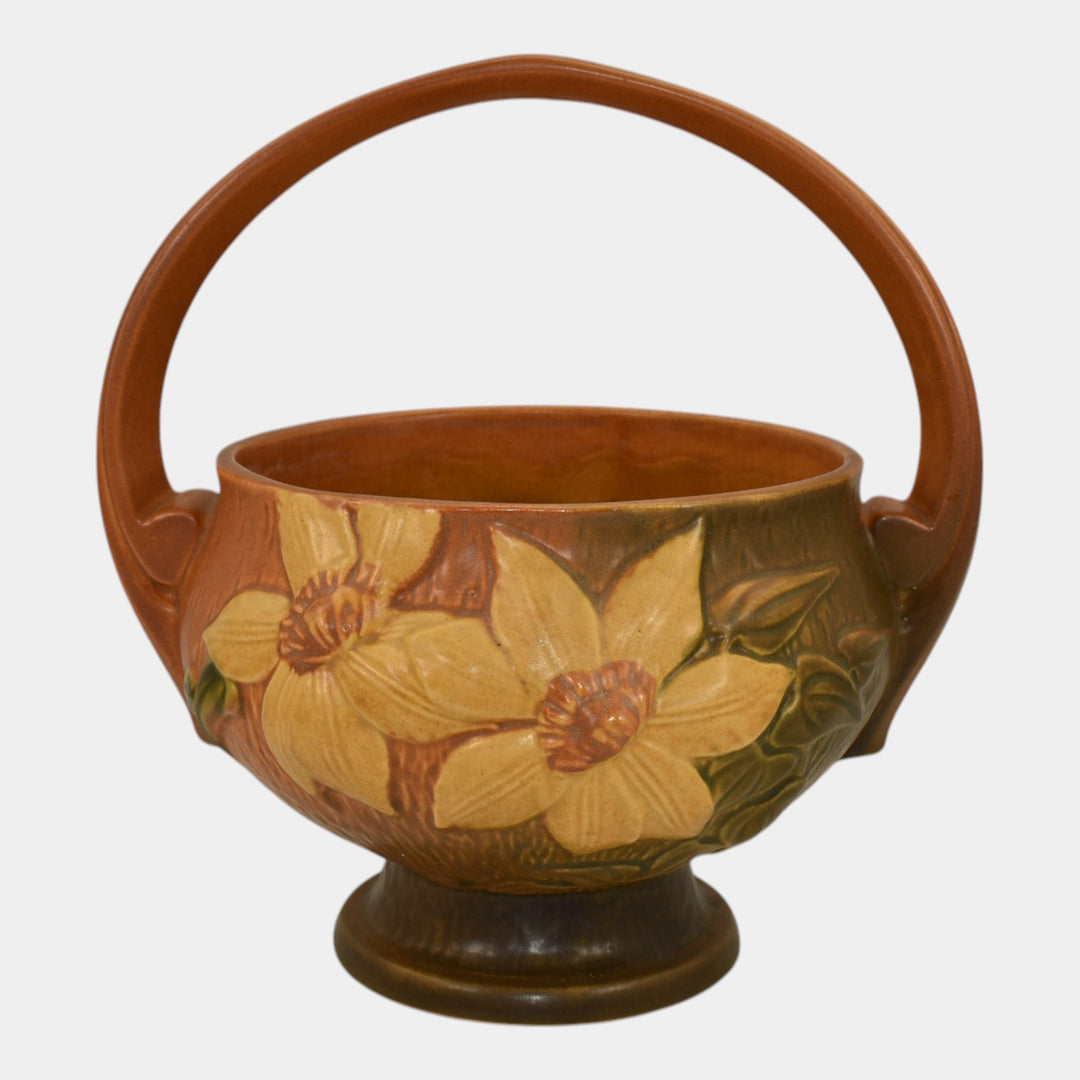 Roseville Clematis Brown 1944 Mid Century Modern Pottery Ceramic Basket 389-10 - Just Art Pottery