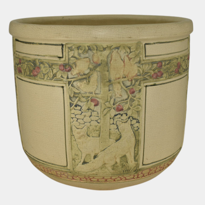 Weller Woodcraft Flemish Creamware Pottery Foxes Chickens Jardiniere Planter