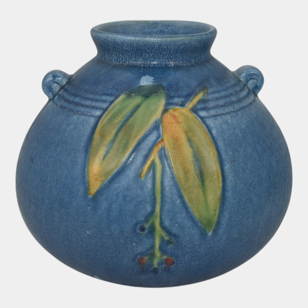 Weller Cornish 1933 Vintage Art Deco Pottery Blue Bulbous Handled Ceramic Vase