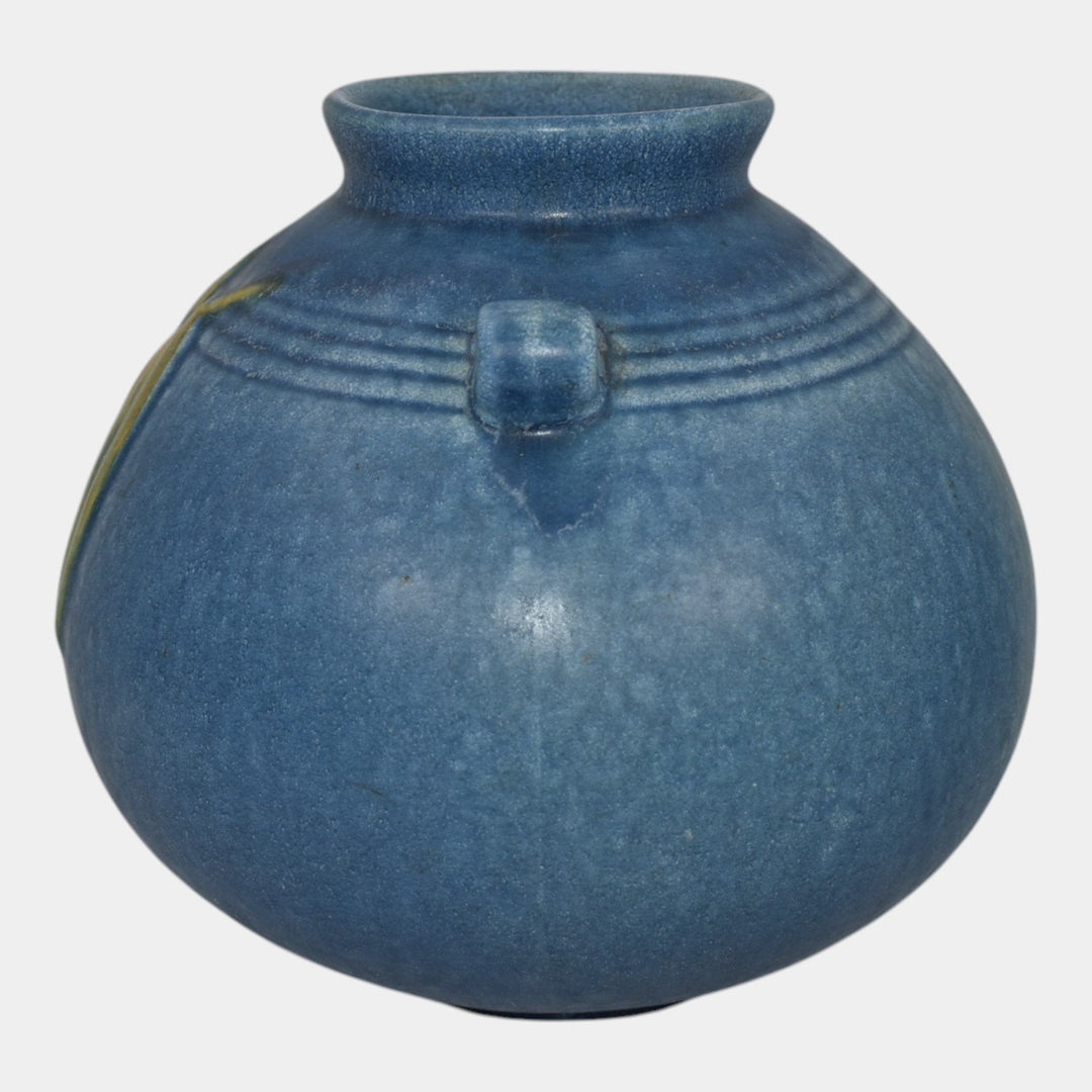 Weller Cornish 1933 Vintage Art Deco Pottery Blue Bulbous Handled Ceramic Vase