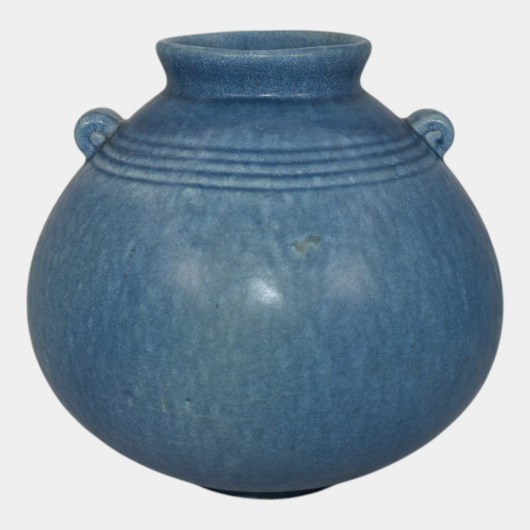 Weller Cornish 1933 Vintage Art Deco Pottery Blue Bulbous Handled Ceramic Vase