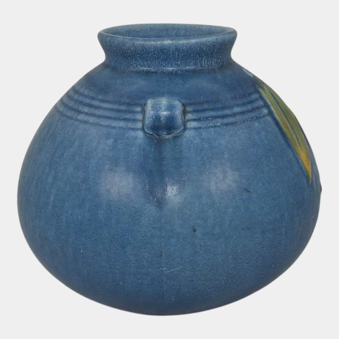 Weller Cornish 1933 Vintage Art Deco Pottery Blue Bulbous Handled Ceramic Vase