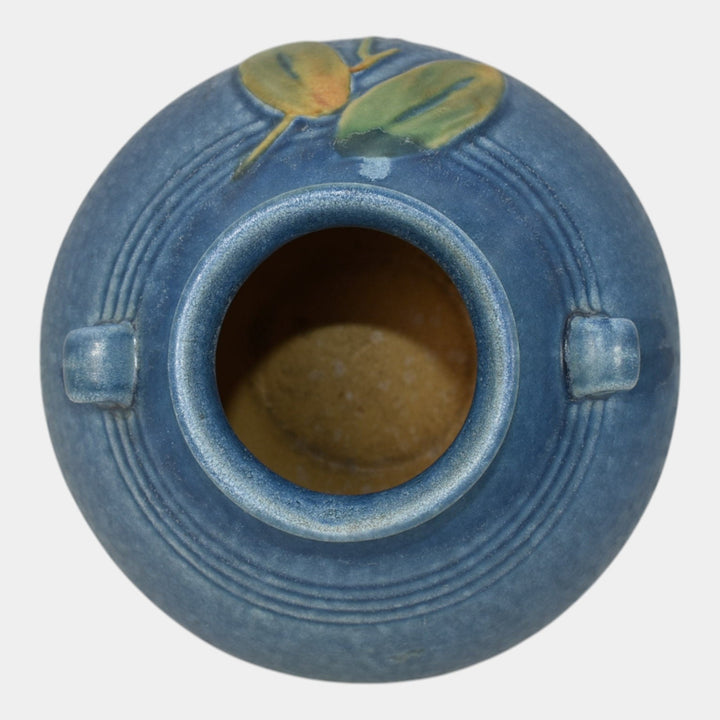 Weller Cornish 1933 Vintage Art Deco Pottery Blue Bulbous Handled Ceramic Vase