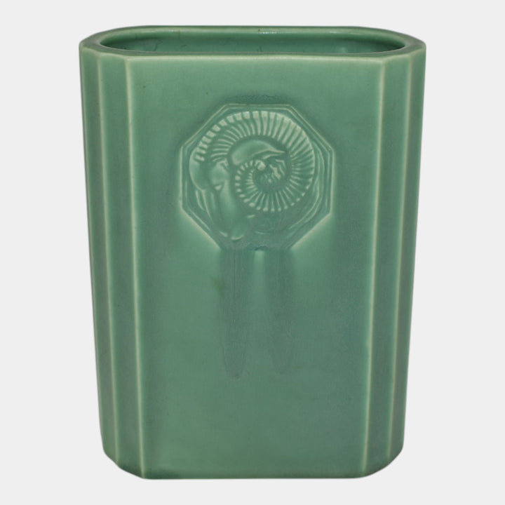 Rookwood 1940 Vintage Art Pottery Green Rams Head Medallion Ceramic Vase 6783 - Just Art Pottery