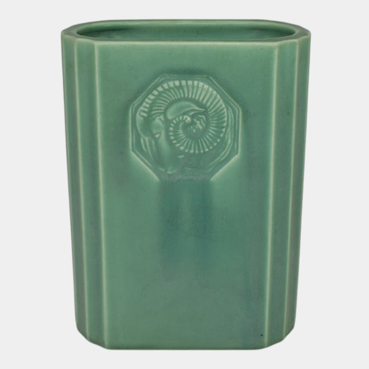 Rookwood 1940 Vintage Art Pottery Green Rams Head Medallion Ceramic Vase 6783 - Just Art Pottery