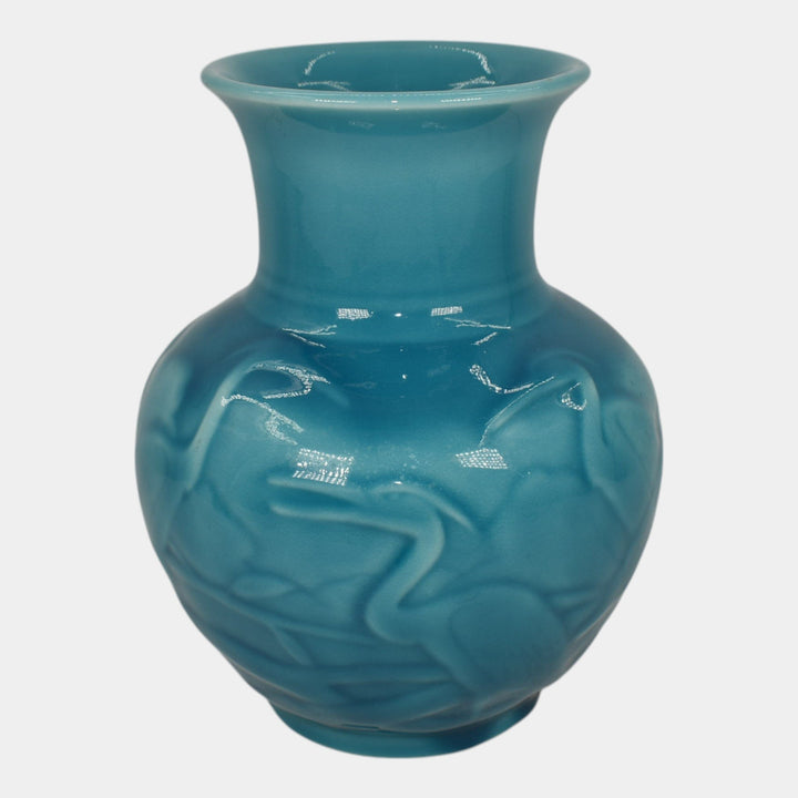 Rookwood 1937 Vintage Art Pottery High Glaze Blue Egret Ceramic Vase 6516 - Just Art Pottery