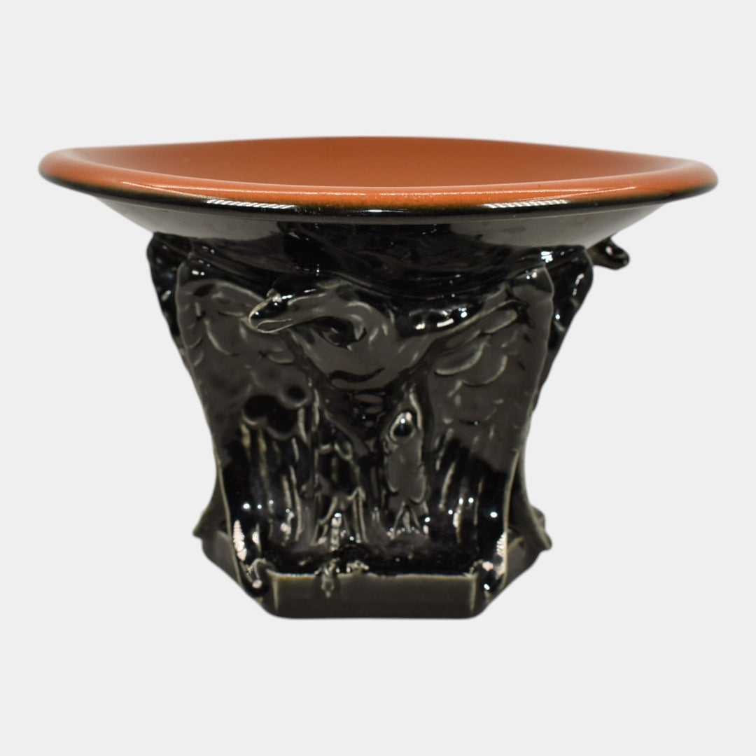 Rookwood 1923 Vintage Pottery Jet Black Brown Eagle Compote Bowl 2664 - Just Art Pottery