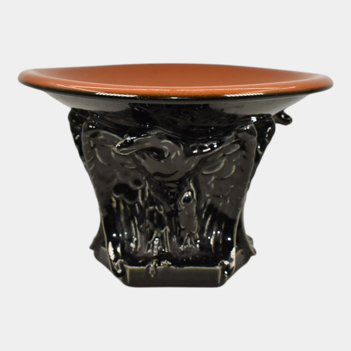 Rookwood 1923 Vintage Pottery Jet Black Brown Eagle Compote Bowl 2664 - Just Art Pottery