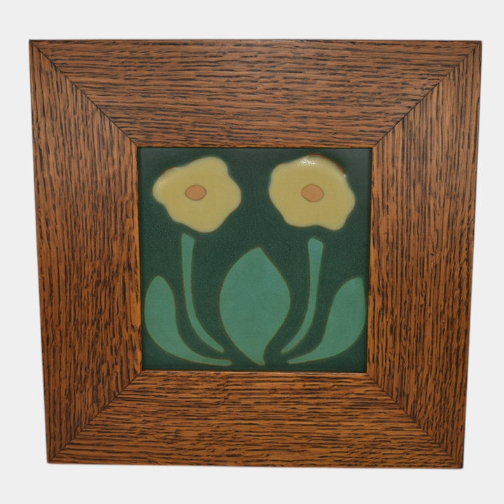 Van Briggle Modern Art Deco Pottery Yellow Poppy Green Framed Wall Art Tile