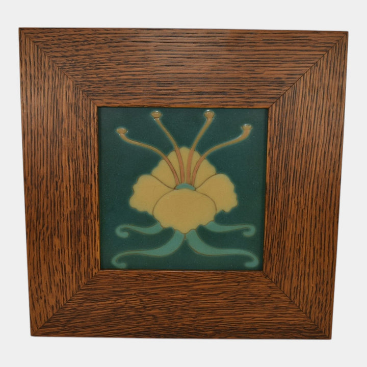 Van Briggle Modern Deco Pottery Yellow Flower Green Framed Wall Art Tile