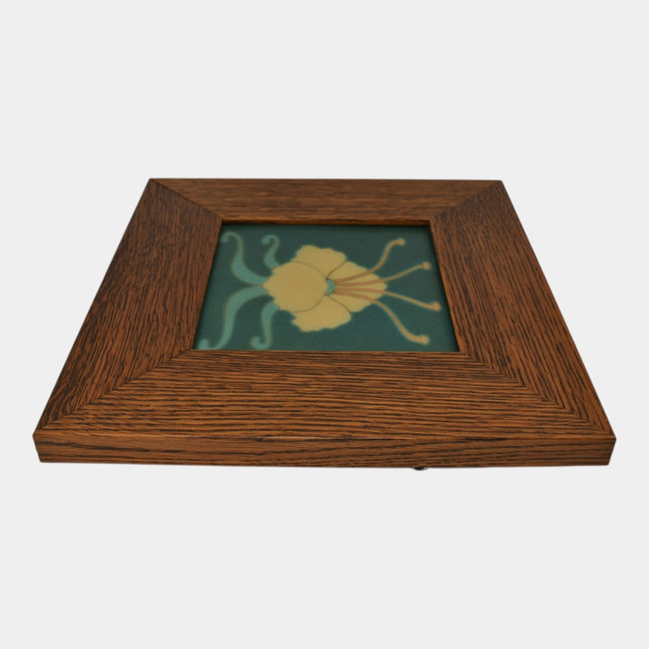 Van Briggle Modern Deco Pottery Yellow Flower Green Framed Wall Art Tile