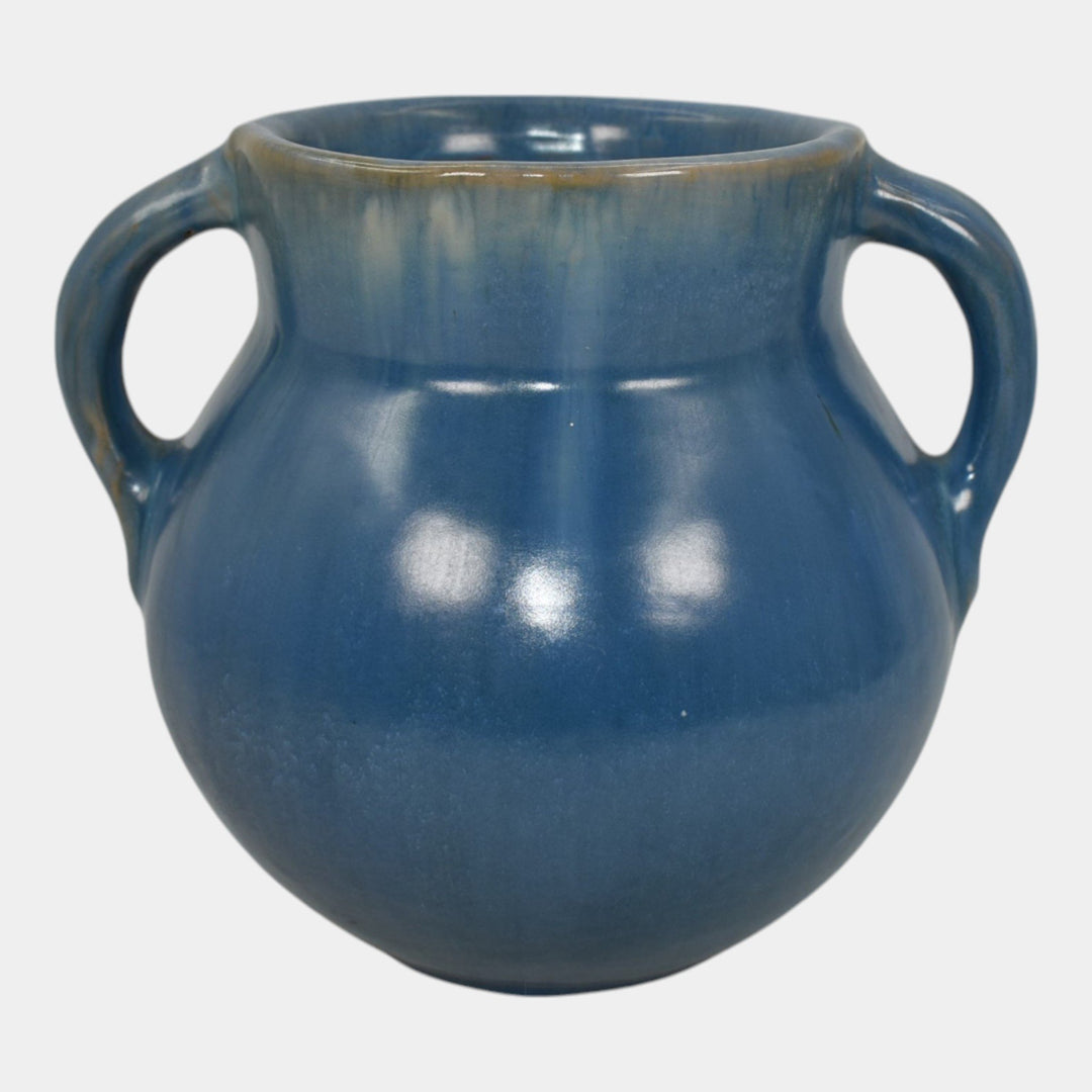 Fort Ticonderoga New York 1940s Vintage Art Pottery Blue Ceramic Handled Vase - Just Art Pottery