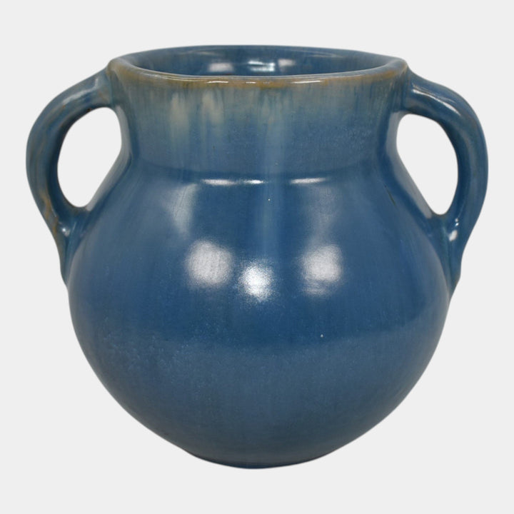 Fort Ticonderoga New York 1940s Vintage Art Pottery Blue Ceramic Handled Vase - Just Art Pottery