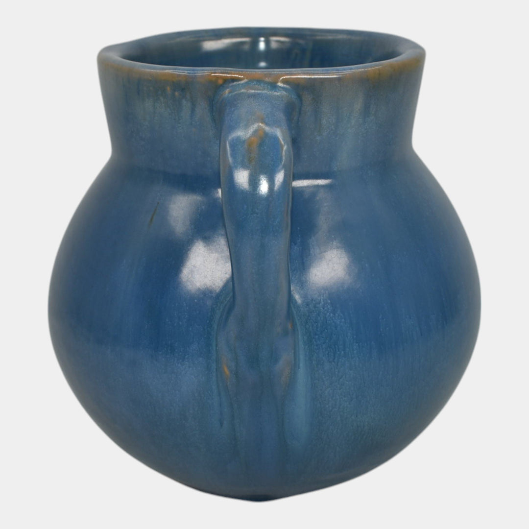 Fort Ticonderoga New York 1940s Vintage Art Pottery Blue Ceramic Handled Vase - Just Art Pottery