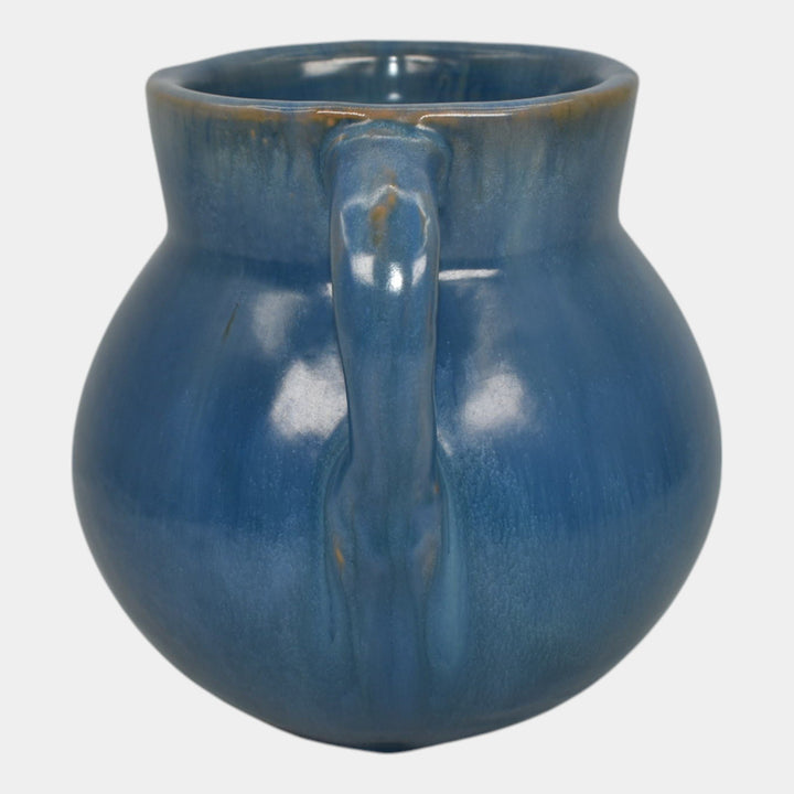 Fort Ticonderoga New York 1940s Vintage Art Pottery Blue Ceramic Handled Vase - Just Art Pottery