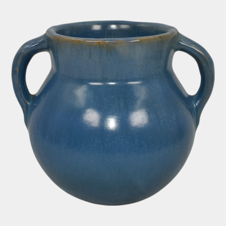 Fort Ticonderoga New York 1940s Vintage Art Pottery Blue Ceramic Handled Vase - Just Art Pottery
