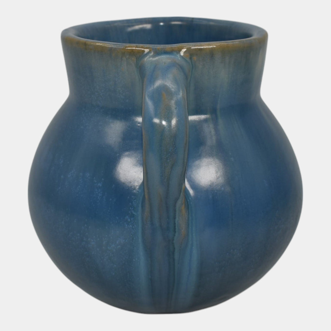 Fort Ticonderoga New York 1940s Vintage Art Pottery Blue Ceramic Handled Vase - Just Art Pottery