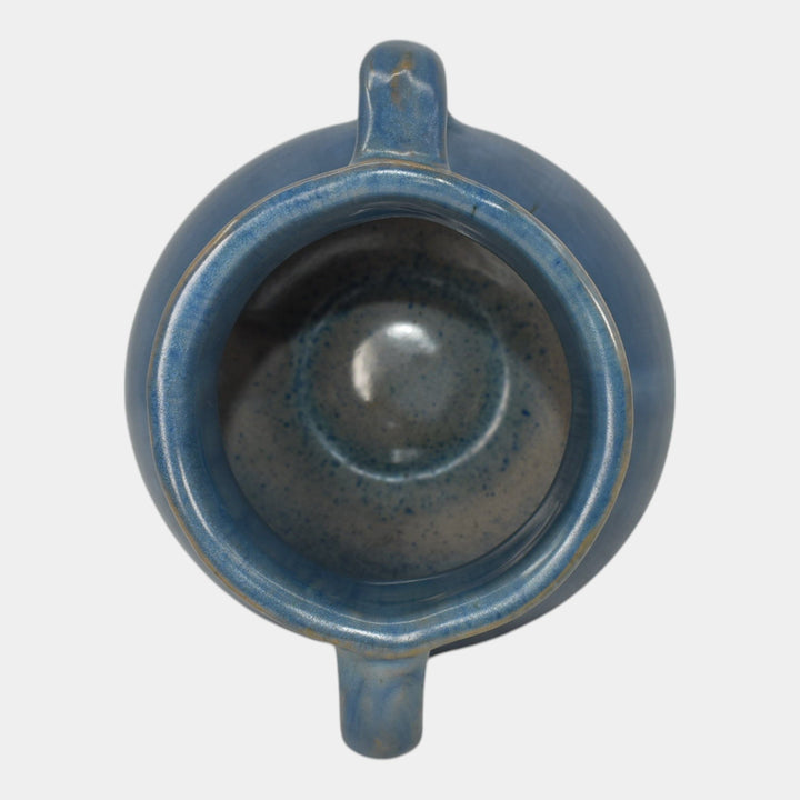 Fort Ticonderoga New York 1940s Vintage Art Pottery Blue Ceramic Handled Vase - Just Art Pottery