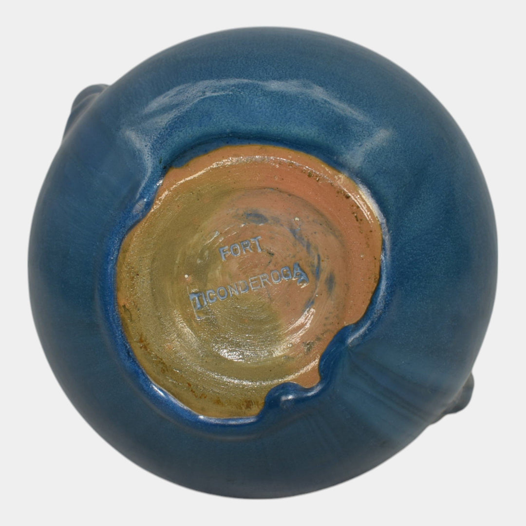 Fort Ticonderoga New York 1940s Vintage Art Pottery Blue Ceramic Handled Vase - Just Art Pottery