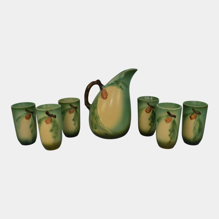 Roseville Pine Cone Green 1953 Art Pottery Pitcher 415-9 Tumbler Cups 414 Set