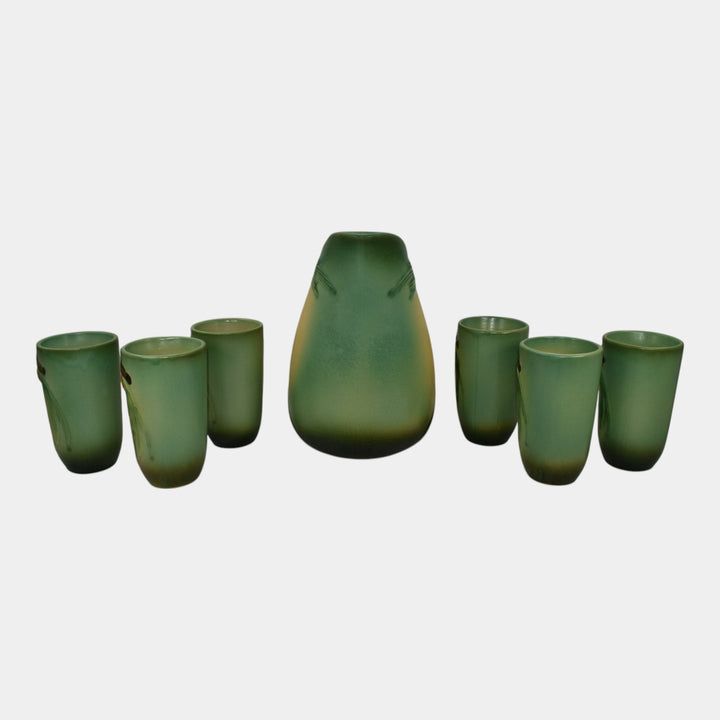 Roseville Pine Cone Green 1953 Art Pottery Pitcher 415-9 Tumbler Cups 414 Set