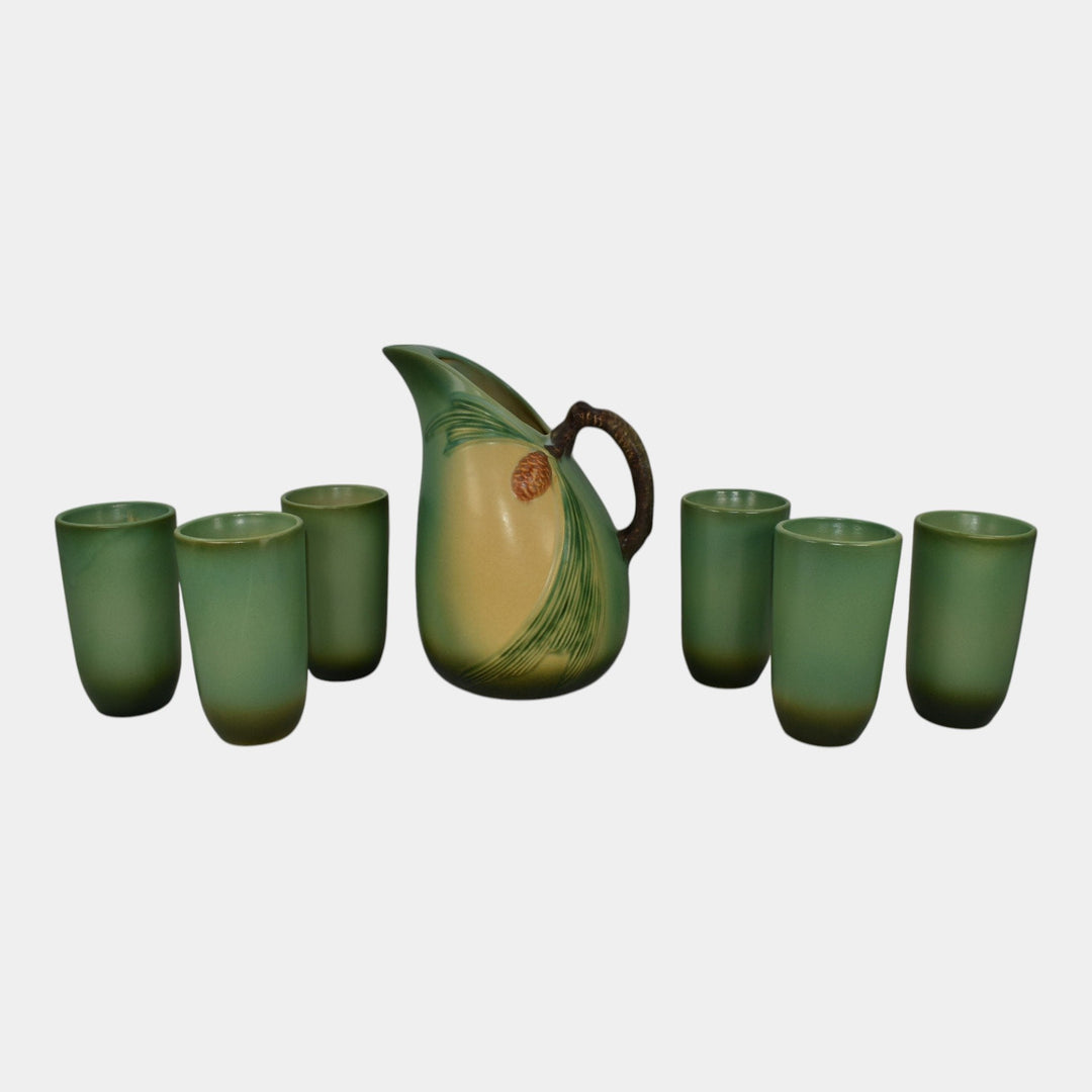 Roseville Pine Cone Green 1953 Art Pottery Pitcher 415-9 Tumbler Cups 414 Set