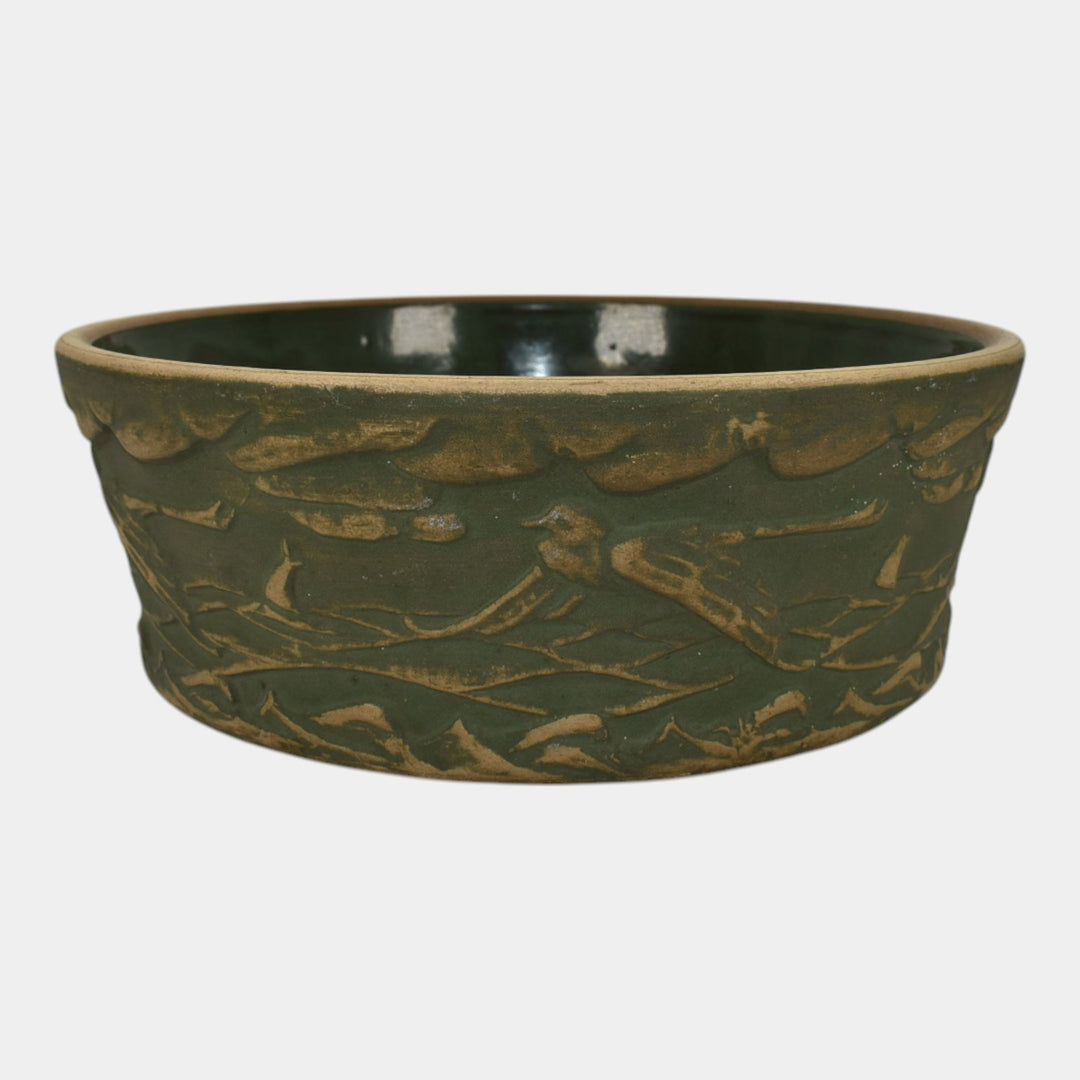 Red Wing Or Monmouth Brush Ware Vintage Art Pottery Green Scenic Ceramic Bowl - Just Art Pottery