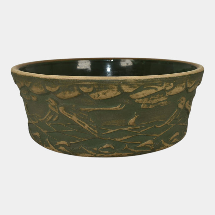 Red Wing Or Monmouth Brush Ware Vintage Art Pottery Green Scenic Ceramic Bowl - Just Art Pottery