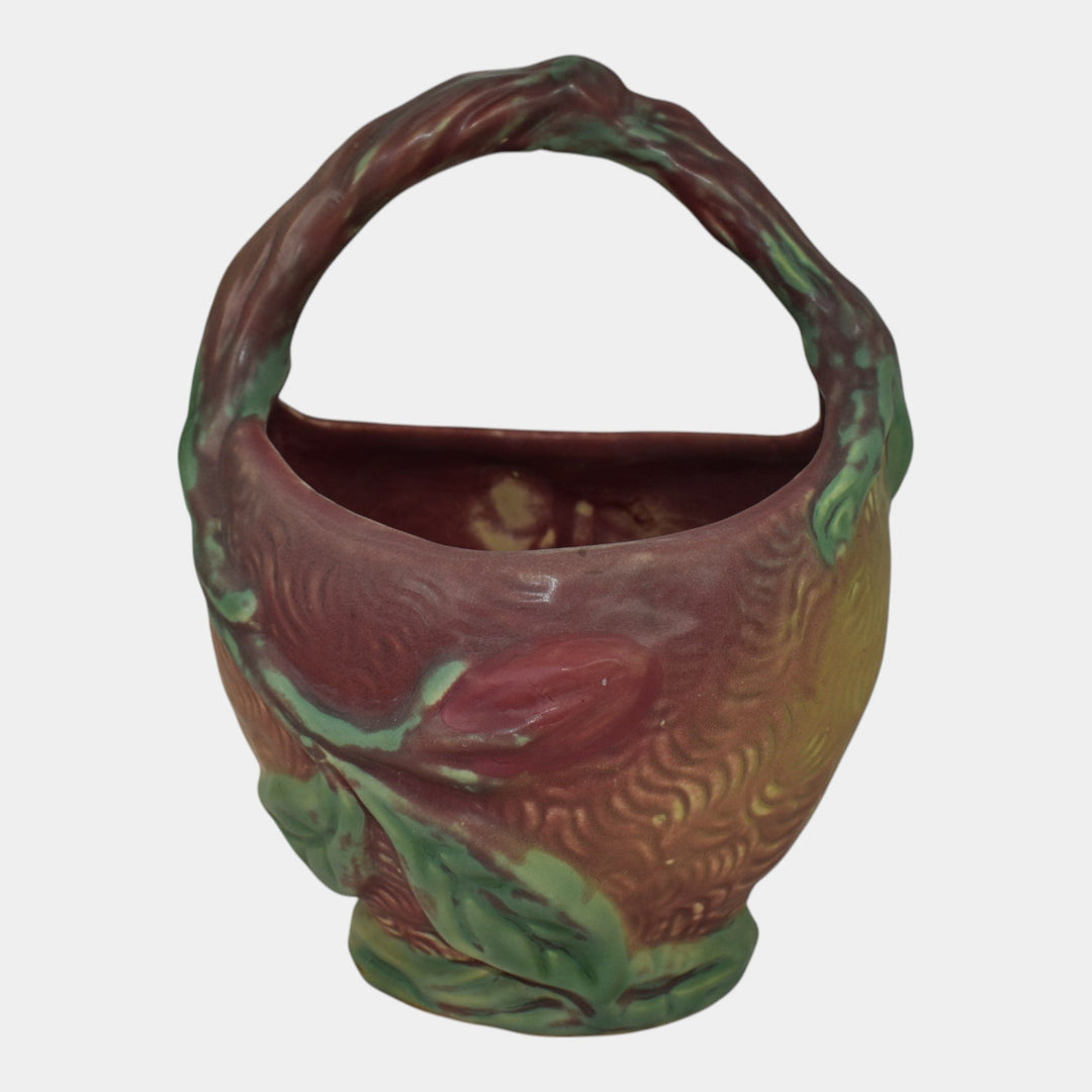 Weller Malverne 1920-33 Vintage Art Pottery Red And Green Ceramic Basket - Just Art Pottery