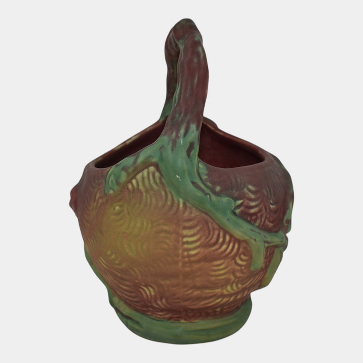 Weller Malverne 1920-33 Vintage Art Pottery Red And Green Ceramic Basket - Just Art Pottery