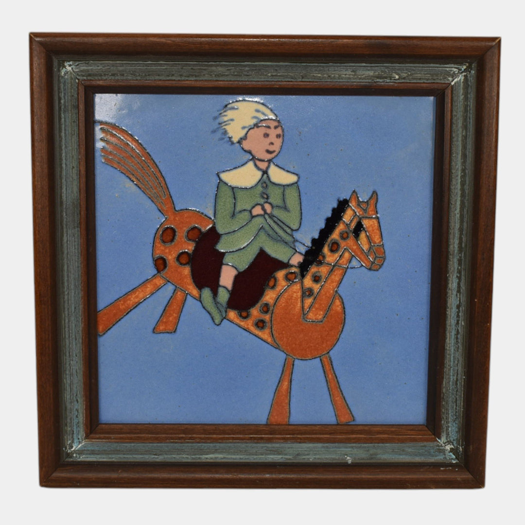 Flint Faience 1920s Vintage Art Pottery Boy Riding Horse Ceramic Framed Tile