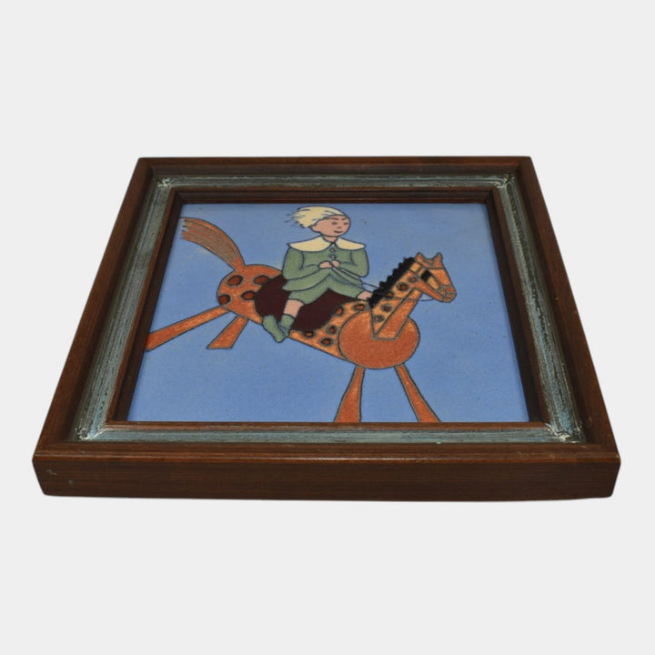 Flint Faience 1920s Vintage Art Pottery Boy Riding Horse Ceramic Framed Tile