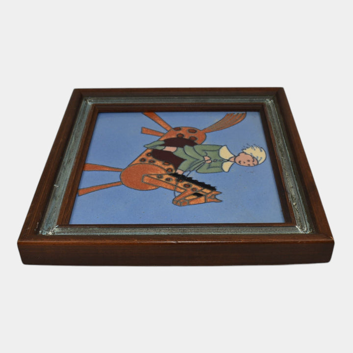 Flint Faience 1920s Vintage Art Pottery Boy Riding Horse Ceramic Framed Tile