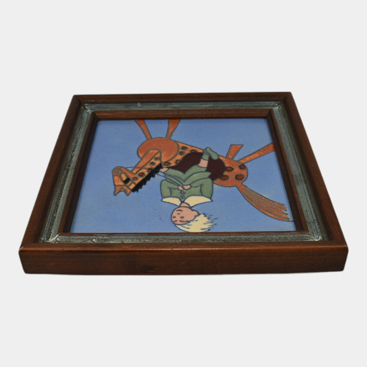 Flint Faience 1920s Vintage Art Pottery Boy Riding Horse Ceramic Framed Tile