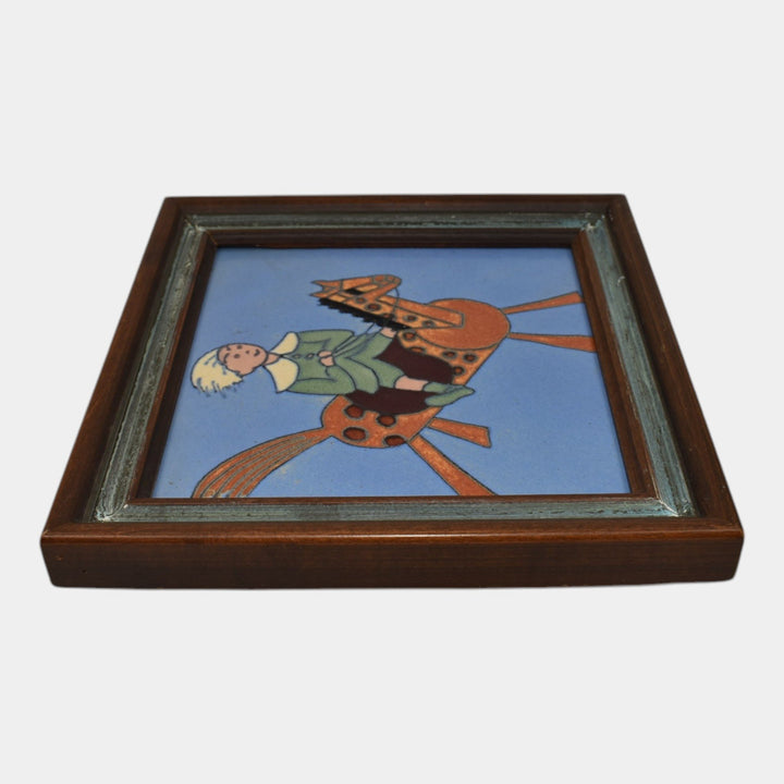 Flint Faience 1920s Vintage Art Pottery Boy Riding Horse Ceramic Framed Tile