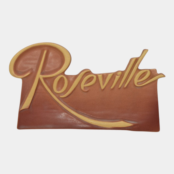 Roseville 1940s Vintage Art Pottery Script Pink Ceramic Dealer Advertising Sign