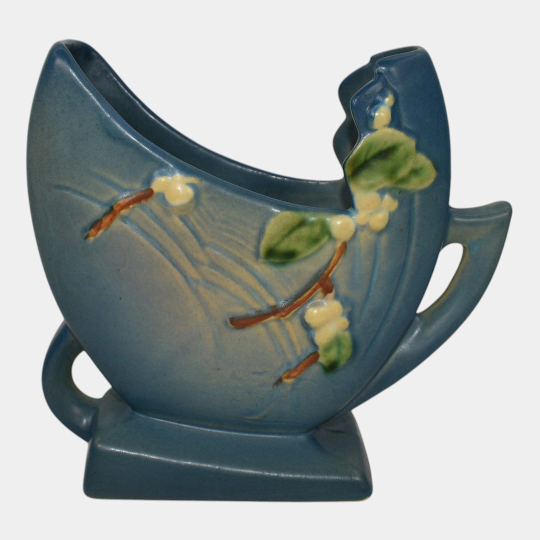 Roseville Snowberry Blue 1947 Mid Century Modern Pottery Ceramic Fan Vase 1FH-6 - Just Art Pottery