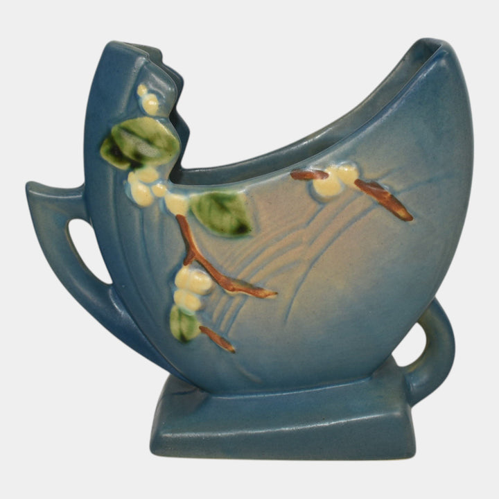 Roseville Snowberry Blue 1947 Mid Century Modern Pottery Ceramic Fan Vase 1FH-6 - Just Art Pottery