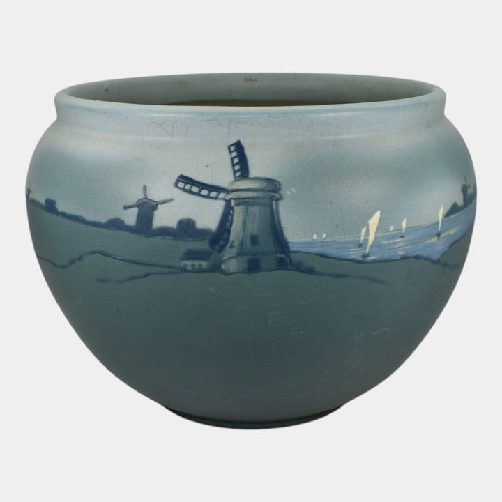 Weller Dresden 1905 Vintage Art Pottery Windmill Blue Scenic Jardiniere Planter