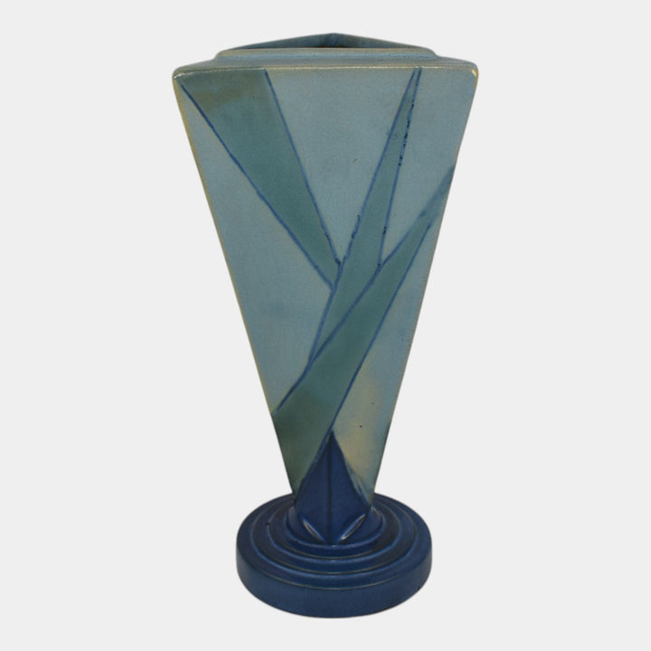 Roseville Futura 1928 Vintage Art Deco Pottery Big Blue Triangle Vase 388-9